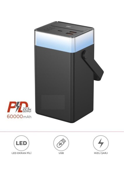 1061 60.000 Mah Type-C Lightning 22,5 W Hızlı Şarj Rgb LED Işıklı Powerbank