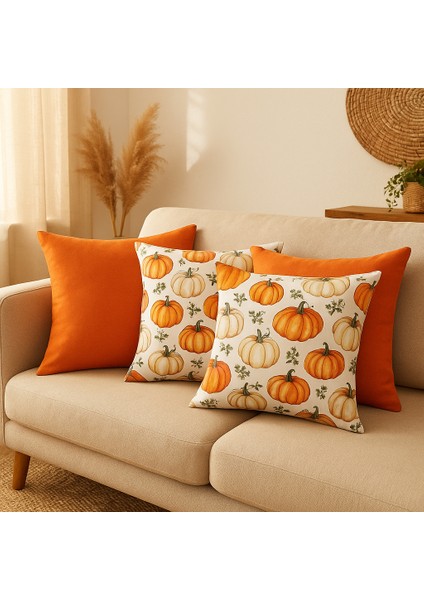 🍂hoşgeldin Sonbahar🍂 – Dörtlü Dekoratif Kırlent Kılıfı Seti – Turuncu Balkabağı Desenli Bohem – 4 Al 1 Öde Kampanya