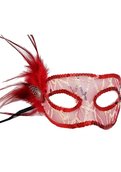 Kırmızı Renk Yandan Tüylü Pul Payet Işlemeli Parti Maskesi 23X12 cm fırsatları