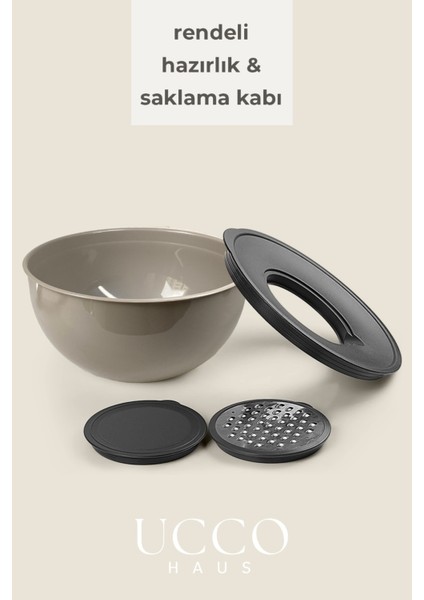 Rendeli Hazırlık ve Saklama Kabı - 24 cm - 4 Parça Kırılmaz Plastik, Çelik Rende Kapaklı Kase Seti