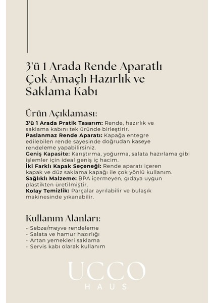Rendeli Hazırlık ve Saklama Kabı - 24 cm - 4 Parça Kırılmaz Plastik, Çelik Rende Kapaklı Kase Seti
