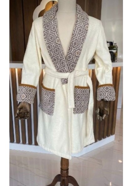 %100 Pamuk - Ipliği Boyalı - Elegance Bornoz - Krem