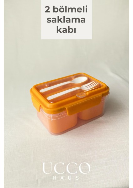 2 Bölmeli 1700 ml Sızdırmaz Saklama ve Beslenme Kabı – Kaşık Çatal, Çıkabilir Iç Hazne, Pp 7 Parça