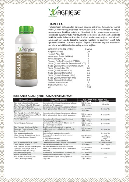 Baretta 1 Litre ( Npk' Lı Organomineral Aminoasit Içeren Iz Elementli Sıvı Organik Gübre ) fiyatları