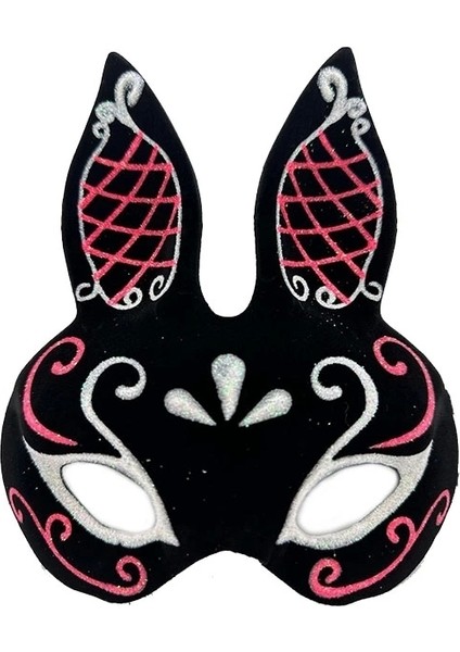 Siyah Renk Kırmızı Beyaz Simli Siyah Süet Kaplama Tavşan Maskesi 18X16 cm fiyatları