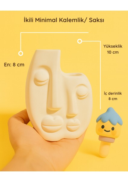 Ikili Minimal Seramik Kalemlik & Saksı | Modern Dekoratif Obje | 10 cm Yükseklik – 8 cm Iç Derinlik