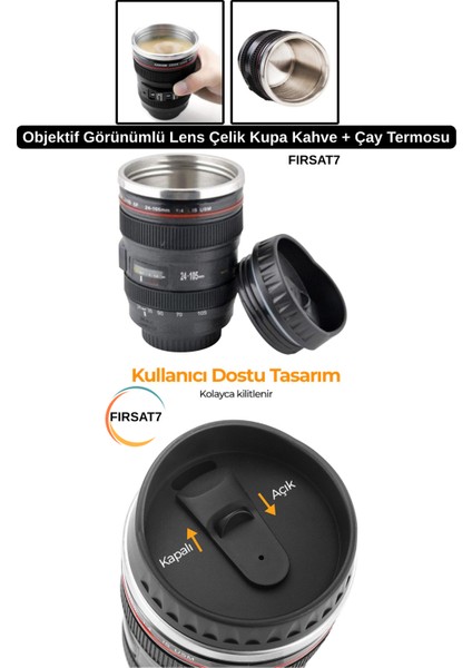 Objektif Görünümlü Lens Çelik Kupa Kahve Çay Sıcak Içiçekler Termosu modelleri