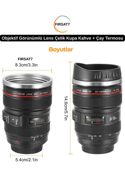 Objektif Görünümlü Lens Çelik Kupa Kahve Çay Sıcak Içiçekler Termosu