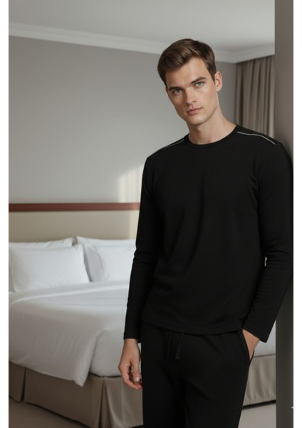 %100 Pamuk Erkek Süprem Pijama Takımı Compact Penye Siyah Uzun Kol Cepli Ipli Relax Fit Terletmez