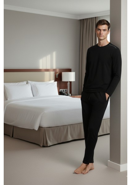 %100 Pamuk Erkek Süprem Pijama Takımı Compact Penye Siyah Uzun Kol Cepli Ipli Relax Fit Terletmez fiyatları