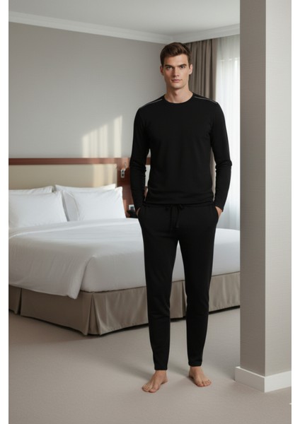 %100 Pamuk Erkek Süprem Pijama Takımı Compact Penye Siyah Uzun Kol Cepli Ipli Relax Fit Terletmez fırsatları