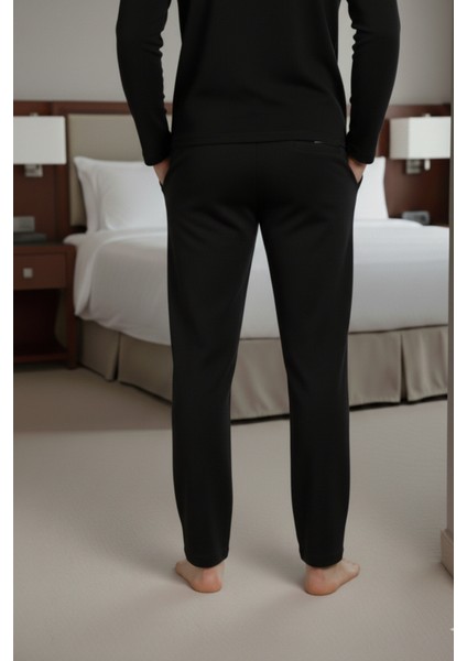 %100 Pamuk Erkek Süprem Pijama Takımı Compact Penye Siyah Uzun Kol Cepli Ipli Relax Fit Terletmez