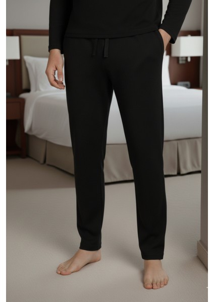 %100 Pamuk Erkek Süprem Pijama Takımı Compact Penye Siyah Uzun Kol Cepli Ipli Relax Fit Terletmez
