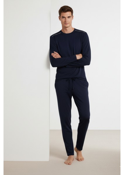 %100 Pamuk Erkek Süprem Pijama Takımı Compact Penye Lacivert Uzun Kol Cepli Ipli Relax Fit Terletmez