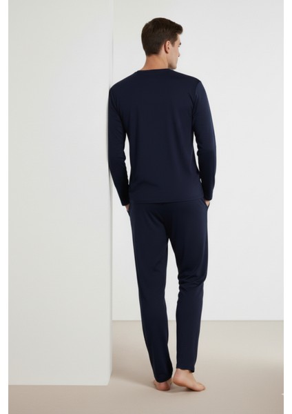 %100 Pamuk Erkek Süprem Pijama Takımı Compact Penye Lacivert Uzun Kol Cepli Ipli Relax Fit Terletmez