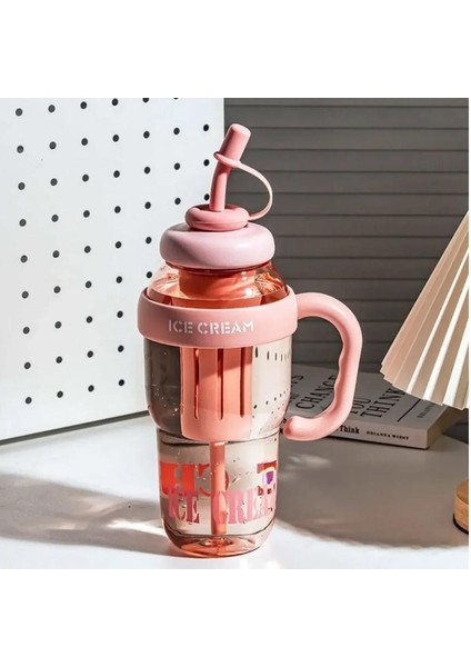 Ice Cream Tasarımlı Pipetli Suluk 1.3 Litre Büyük Hacimli, Şeffaf Renkli Matara, Sızdırmaz Kapak