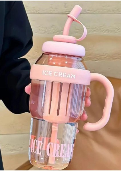 Ice Cream Tasarımlı Pipetli Suluk 1.3 Litre Büyük Hacimli, Şeffaf Renkli Matara, Sızdırmaz Kapak fiyatları