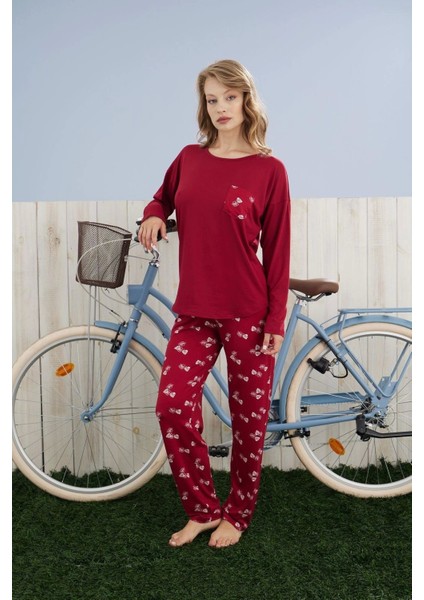 Kadın Milan Kumaş Bisiklet Yaka Pijama Takımı - Bordo