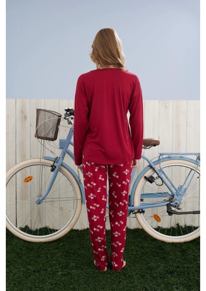 Kadın Milan Kumaş Bisiklet Yaka Pijama Takımı - Bordo fiyatları