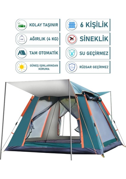 6 Kişilik Tam Otomatik Tenteli Kamp Çadırı Konforlu 240X240X160 fiyatları