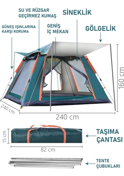 6 Kişilik Tam Otomatik Tenteli Kamp Çadırı Konforlu 240X240X160 fırsatları
