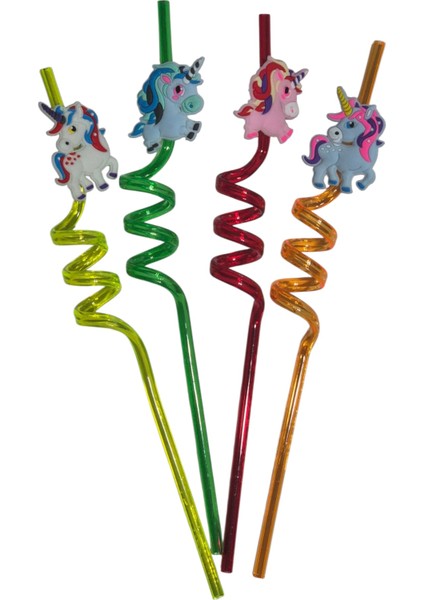 4'lü Tek Boynuzlu At Şekilli Renkli Çocuk Pipeti – Yeniden Kullanılabilir, Dekoratif Spiral Pipet Seti