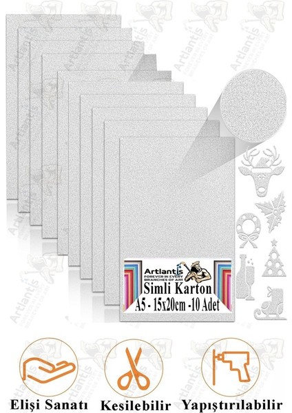 Gümüş Gri Simli Karton A5 15X20 cm 10 Lu 1 Paket Simli Fon Kartonu Parıltılı Kağıt Anasınıfı Kreş Etkinlik Proje