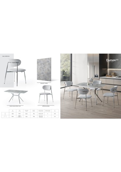 Duman Açılır Masa Takımı – Gri Mermer - Krom Metal Ayak – 80×130→160 Cm, 4 Sandalyeli fırsatları