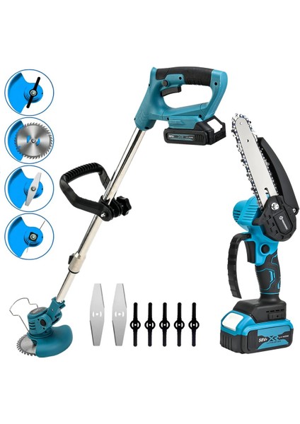 PH301 2li Bahçe Seti Çift Akülü Şarjlı Ot Çalı Çim Kesme Tırpan ve 15CM Şarjlı Dal Budama Zincirli Testere