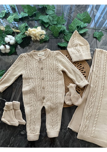 Örgü Desenli %100 Pamuklu 5'li Tulum Set 0-3AY Unisex Model