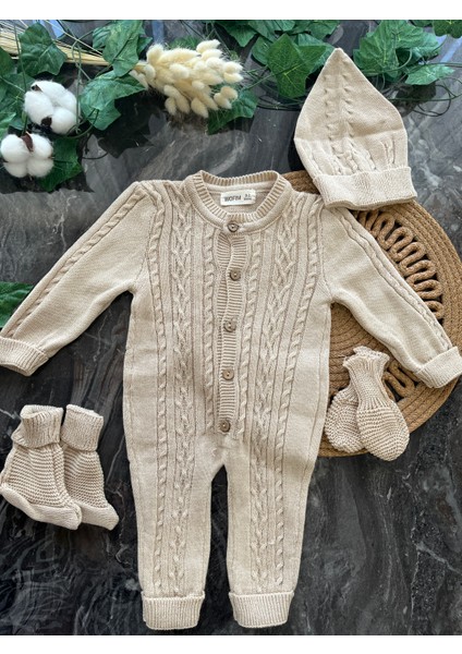 Örgü Desenli %100 Pamuklu 5'li Tulum Set 0-3AY Unisex Model modelleri