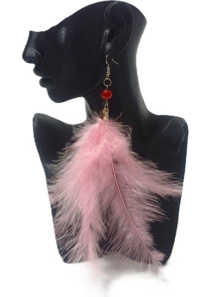 Pembe Tüy Detaylı Uzun Sallantılı Küpe - Bohem Stil modelleri