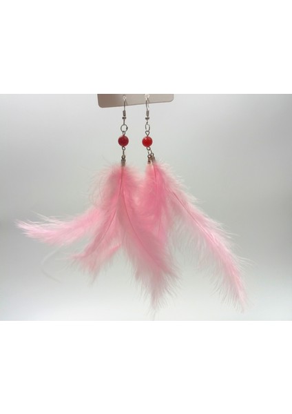 Pembe Tüy Detaylı Uzun Sallantılı Küpe - Bohem Stil