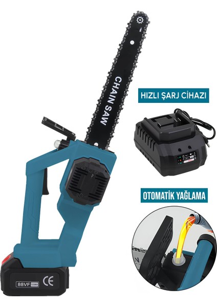 Akülü Kömürsüz 25CM Pala ve Zincir Otomatik Yağlamalı El Testeresi Ağaç Odun Dal Kesme Budama Çift Batarya 88VF EEA454 fiyatları