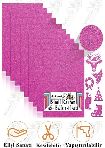 Pembe Simli Karton A5 15X20 cm 10 Lu 1 Paket Simli Fon Kartonu Parıltılı Kağıt Anasınıfı Kreş Etkinlik Proje
