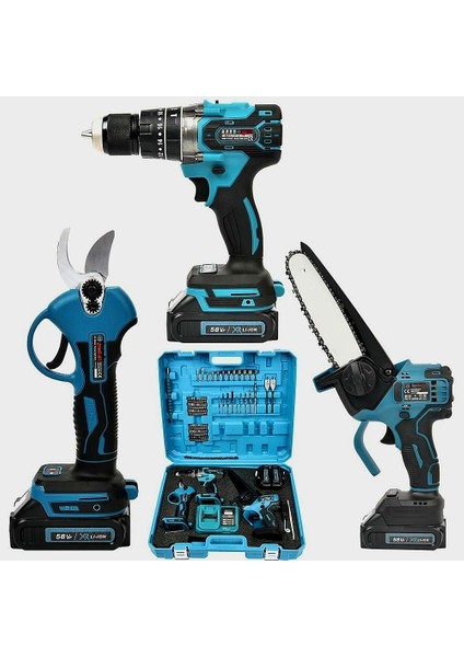 Akülü 3lü Bahçe Seti Dal Budama, Bağ Makası ve Vidalama 58VF EEA301