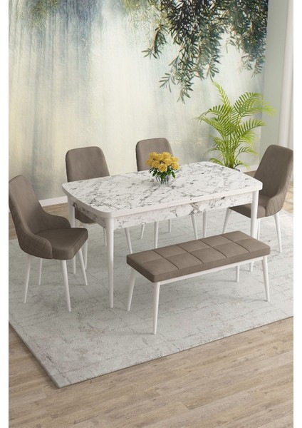 Meri Beyaz MERMER 80X132 Açılabilir Mdf Masa Yemek Odası Takımı,mutfak Masa Takımı 4 Sandalye 1bench