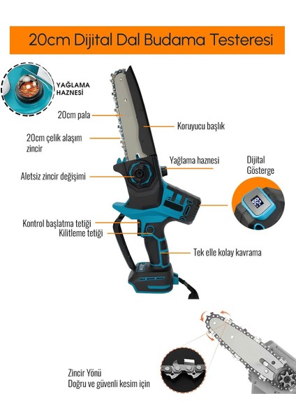 Profesyonel 3lü Bahçe Seti Akülü Uzatma Kollu Dijital Göstergeli 50MM Dal Budama Makası ve 20CM Dal Budama Testeresi 88VMAX EEA461