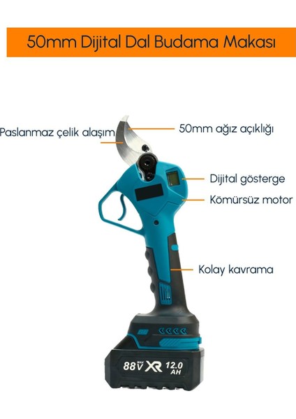 Profesyonel 3lü Bahçe Seti Akülü Uzatma Kollu Dijital Göstergeli 50MM Dal Budama Makası ve 20CM Dal Budama Testeresi 88VMAX EEA461 fiyatları
