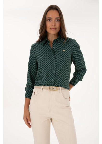 Kadın Koyu Yeşil Gömlek Desenli 50316424-VR079