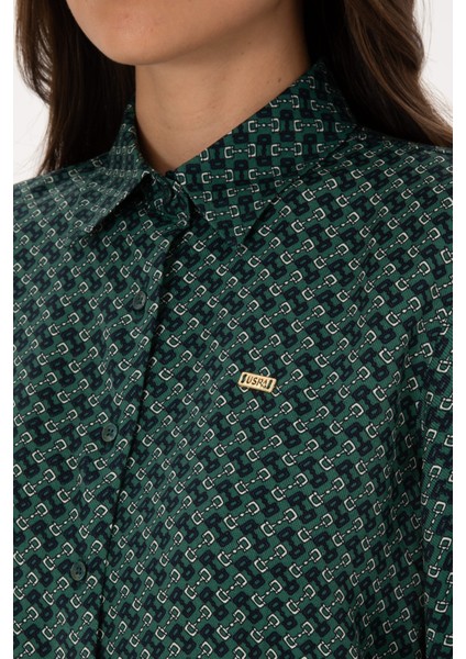 Kadın Koyu Yeşil Gömlek Desenli 50316424-VR079