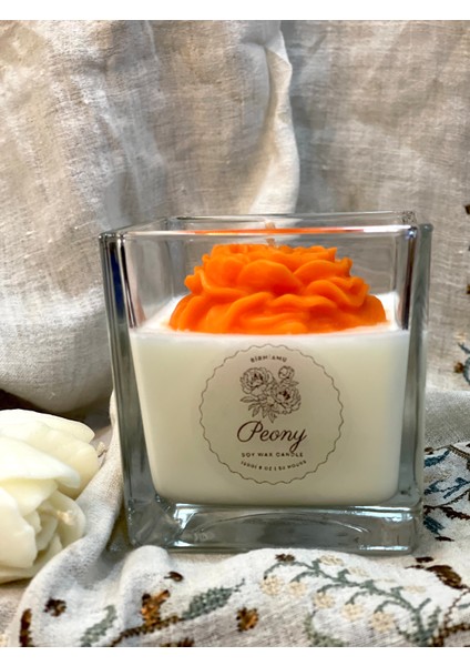 Peony Bloom Serisi – El Yapımı Doğal Soya Mum | Turuncu Çiçek Desenli | Dekoratif Cam Mum