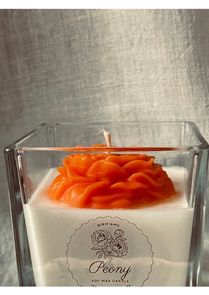 Peony Bloom Serisi – El Yapımı Doğal Soya Mum | Turuncu Çiçek Desenli | Dekoratif Cam Mum fiyatları