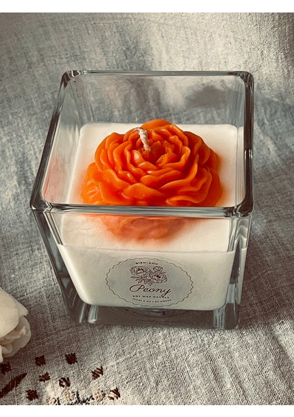 Peony Bloom Serisi – El Yapımı Doğal Soya Mum | Turuncu Çiçek Desenli | Dekoratif Cam Mum modelleri
