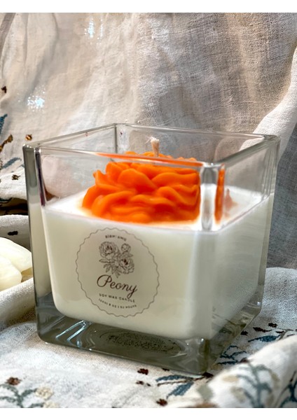 Peony Bloom Serisi – El Yapımı Doğal Soya Mum | Turuncu Çiçek Desenli | Dekoratif Cam Mum fırsatları