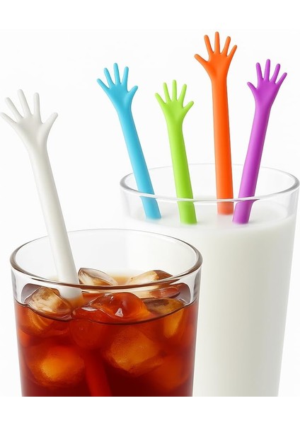 Renkli El Şeklinde Karıştırıcı Çubuklar, Plastik Bardak Süsü, 6 Adet, Çok Renkli