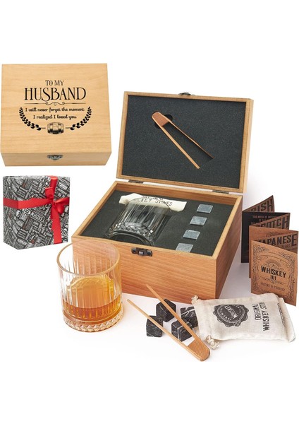 Tasarımlı Ahşap Kutulu Tekli Glasgow Viski Kadeh Seti + 4 Soğutucu Taş Seti