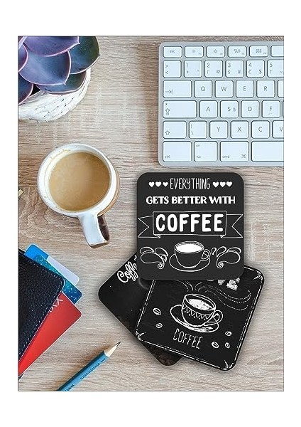 Siyah Kahve/coffee Temalı Bardak Altlığı Ahşap Baskılı Altlık 6'lı Set (9 X9CM) KARBONNM43 fiyatları