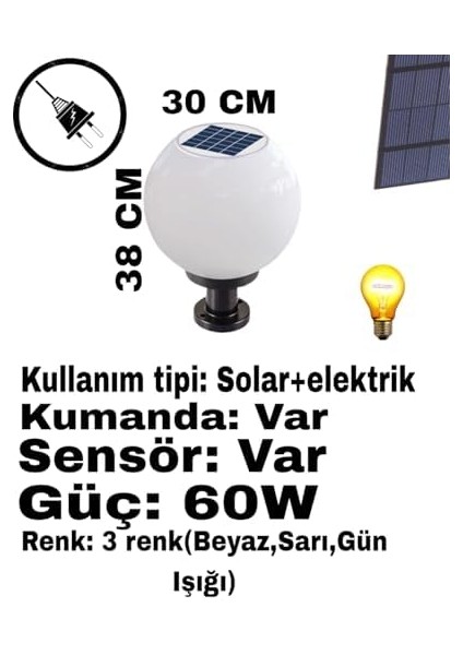 Set Üstü Küre Solar Led, Bahçe Lambası 60W, Güneş ENERJILI+220V Elektrikli Hibrit, E27 Duy, Fotoselli, Uzaktan Kumandalı, 3 Modlu Işık, IP65 Su Geçirmez | Uzun Ömürlü Bahçe Aydınlatma Armatürü fiyatları