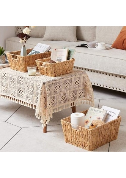El Yapımı Hasır Dikdörtgen Dekoratif Sepet, Hasır Dikdörtgen Dekoratif Tepsi 3 Model Seçenekli (30 * 22 * 12CM) (Küçük) fiyatları